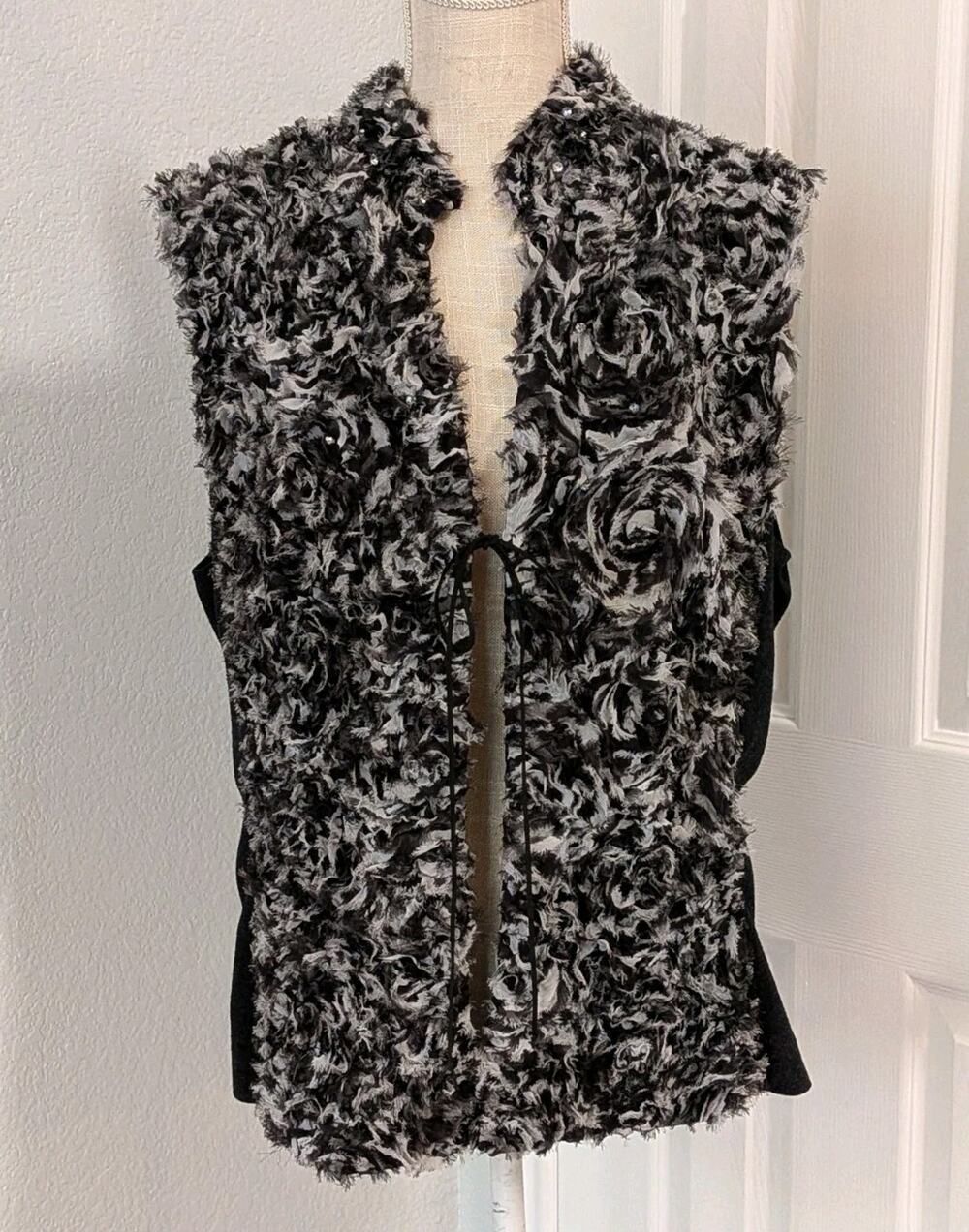 Vtg Y2K Alberto Makali Black Gray Women's Vest Textured Size Large Faux Fur